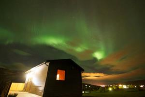 Northern lights dancing above Silva Holiday Homes
