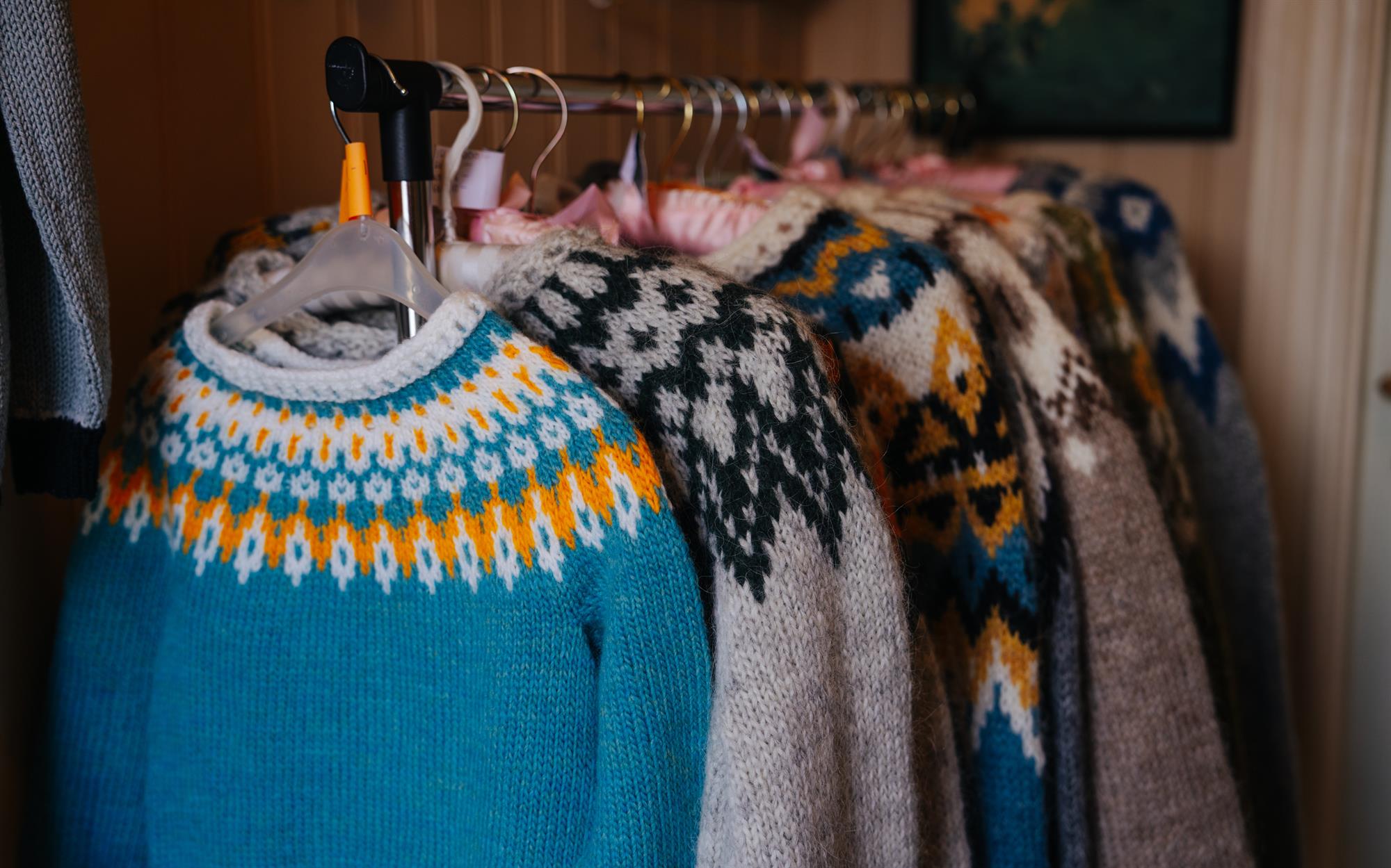 Traditional colorful Icelandic sweaters for sale. Wool knitted lopapeysa sweater Traditional colorful Icelandic sweaters for sale. Wool knitted lopapeysa sweater